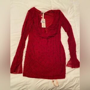 NWT Oh Polly Beaded Red Deep Cowl Neck Mini Dress